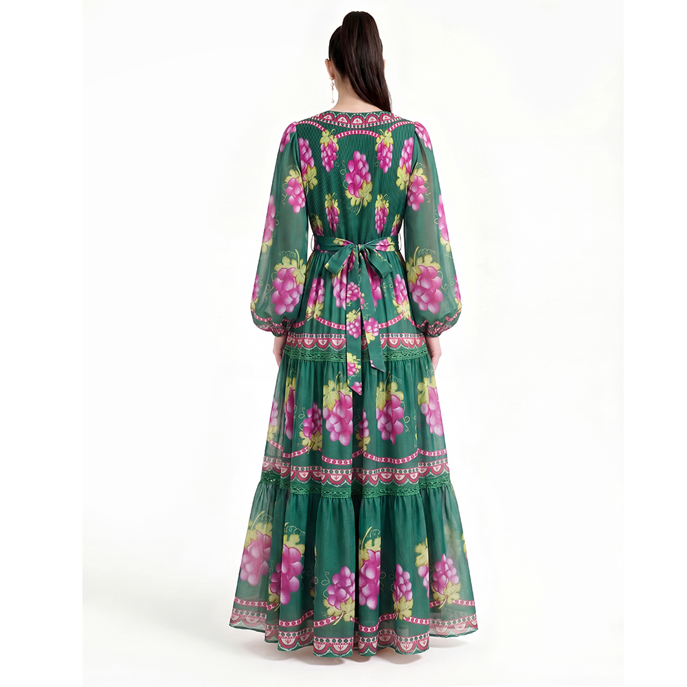 Printing long sleeve floor length dress