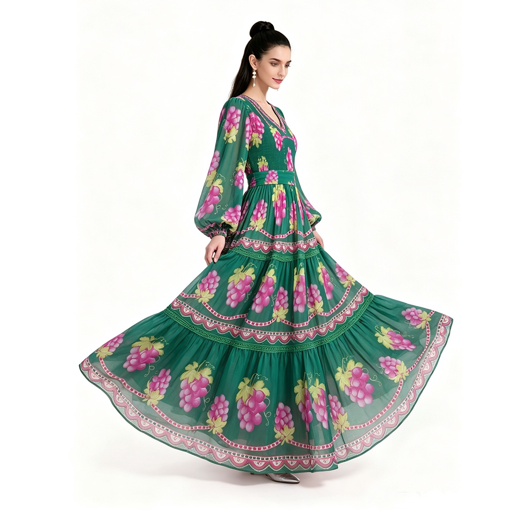 Printing long sleeve floor length dress