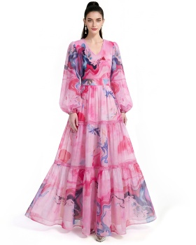 Floor length printing long sleeve dress