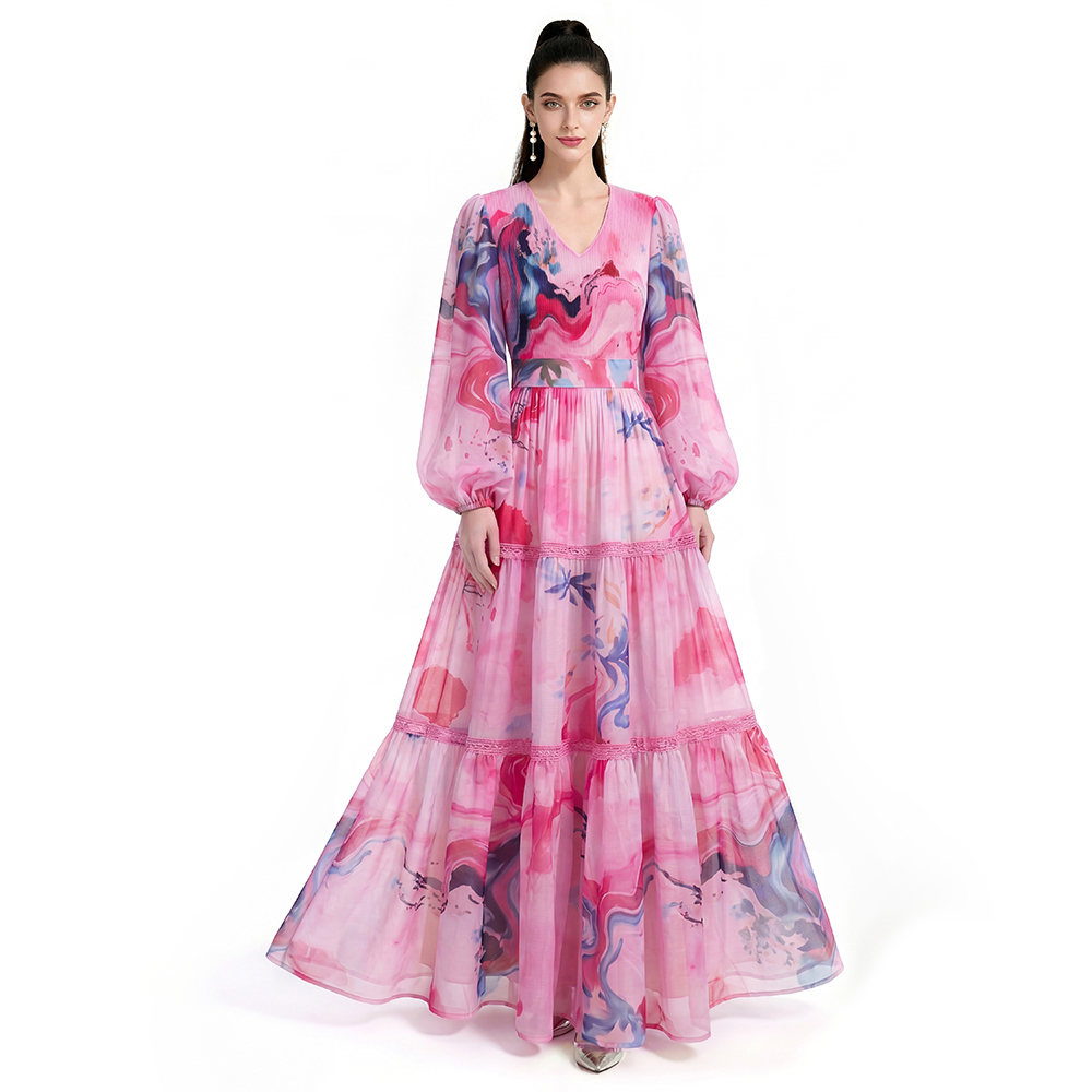 Floor length printing long sleeve dress