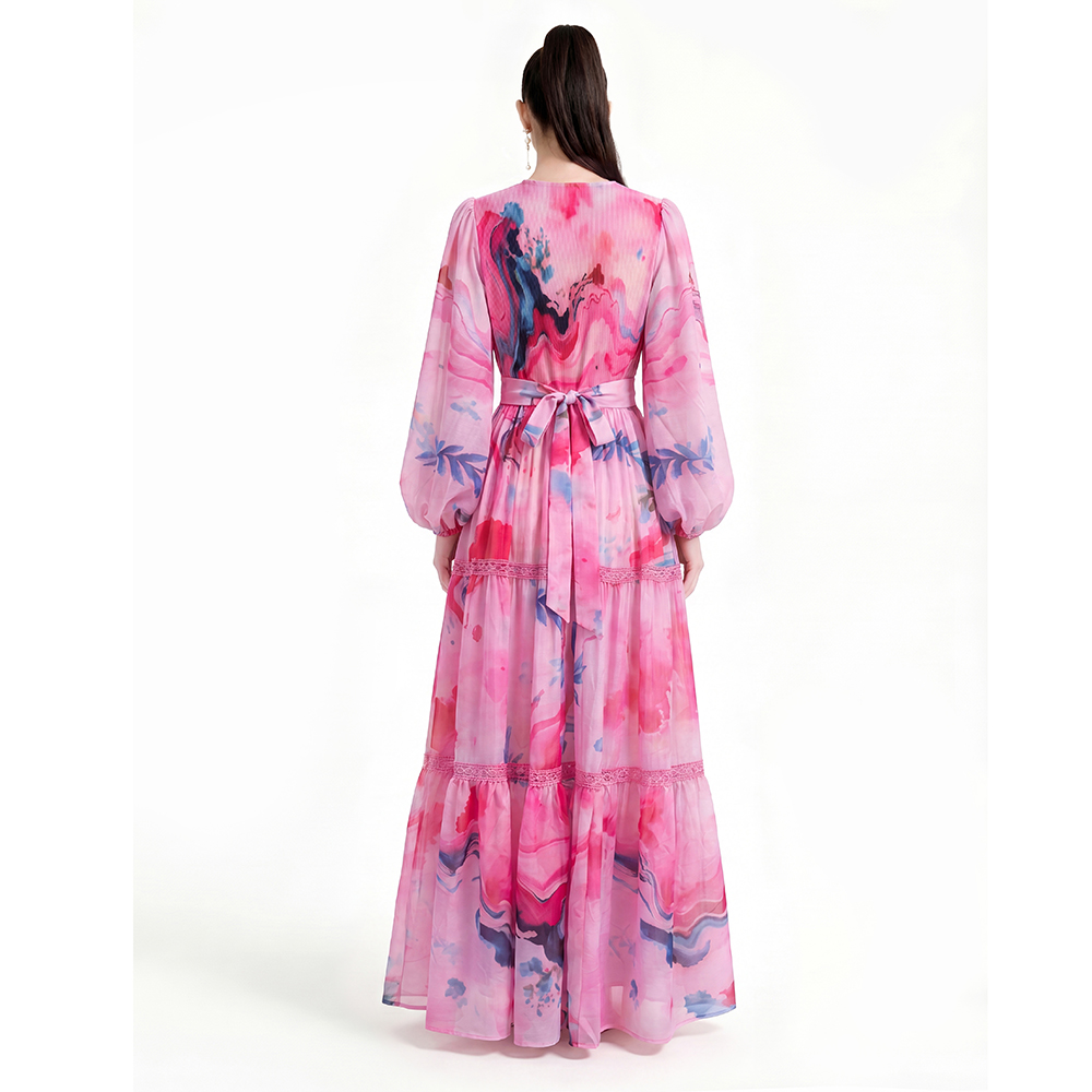 Floor length printing long sleeve dress
