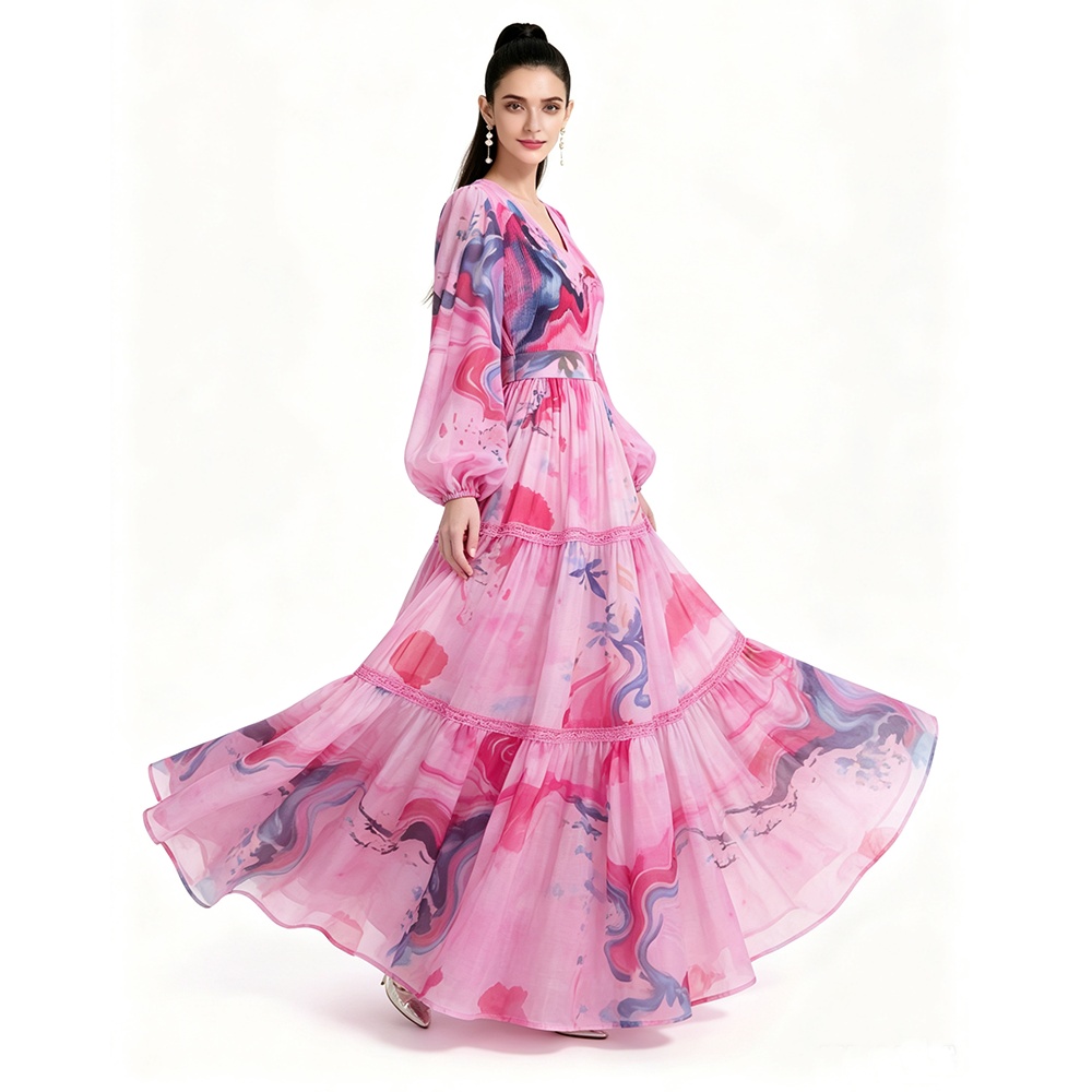 Floor length printing long sleeve dress