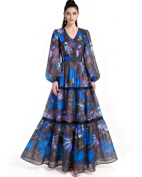 Printing long sleeve floor length dress