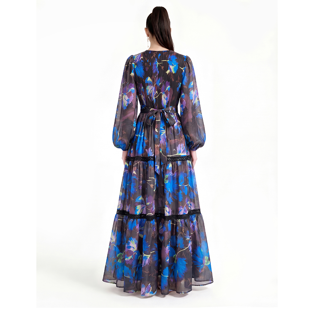 Printing long sleeve floor length dress
