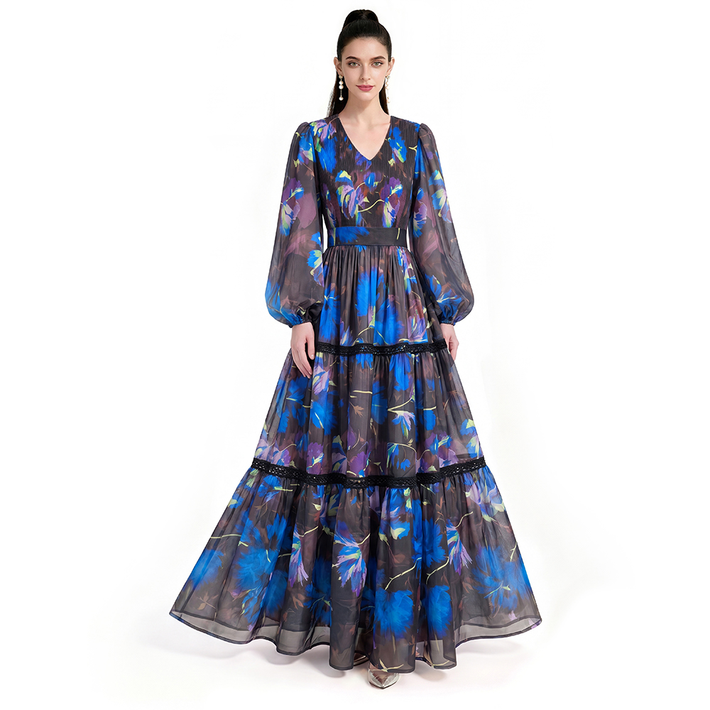 Printing long sleeve floor length dress
