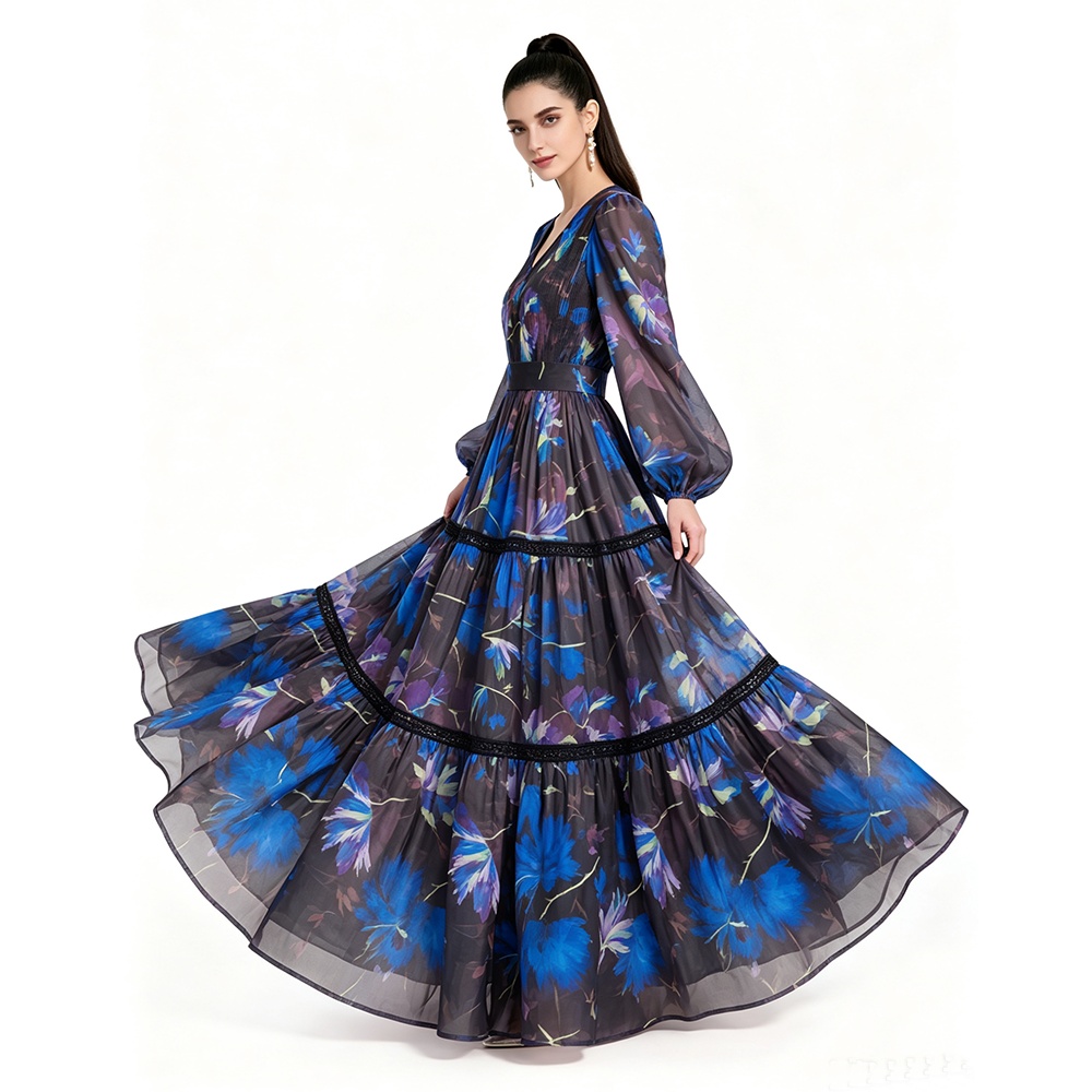 Printing long sleeve floor length dress
