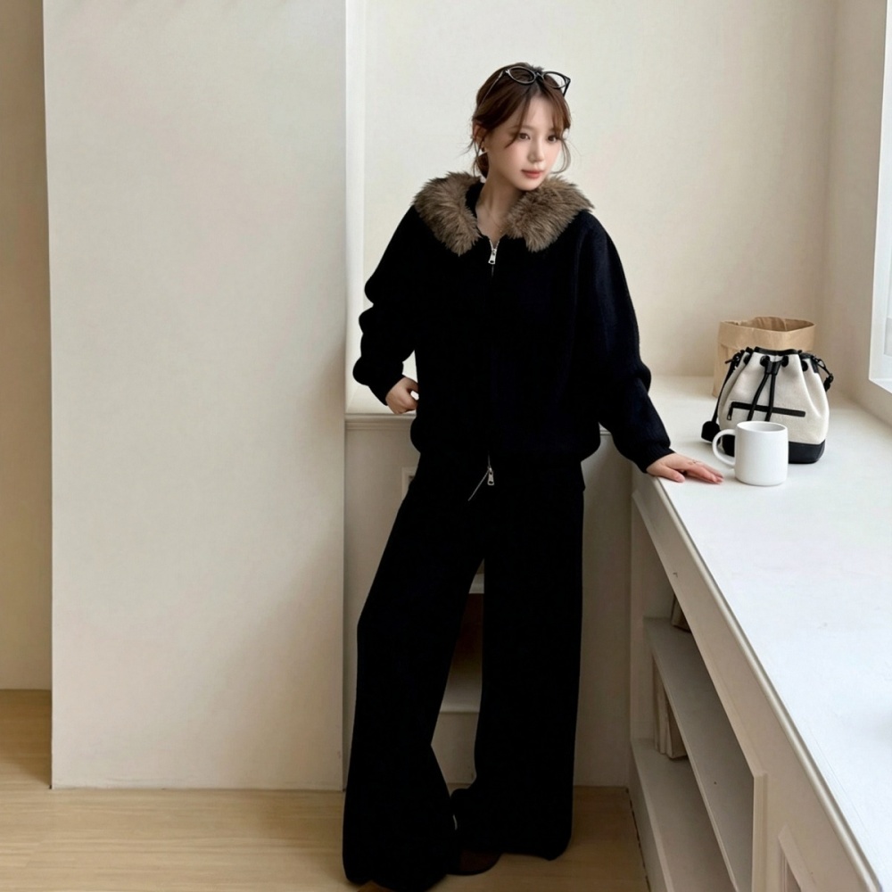 Fashion hooded cardigan Korean style long pants a set