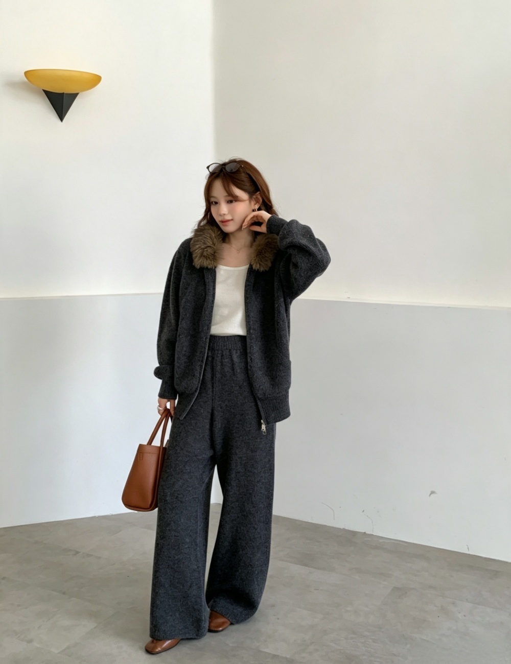 Fashion hooded cardigan Korean style long pants a set
