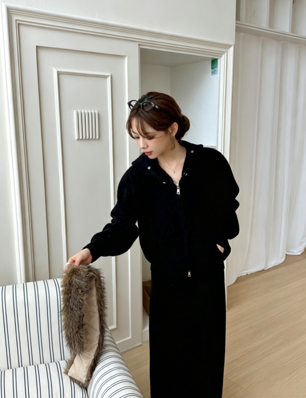 Fashion hooded cardigan Korean style long pants a set