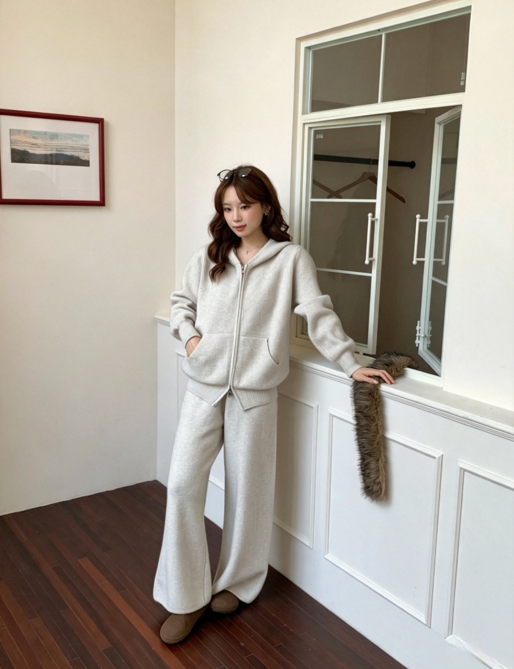 Fashion hooded cardigan Korean style long pants a set