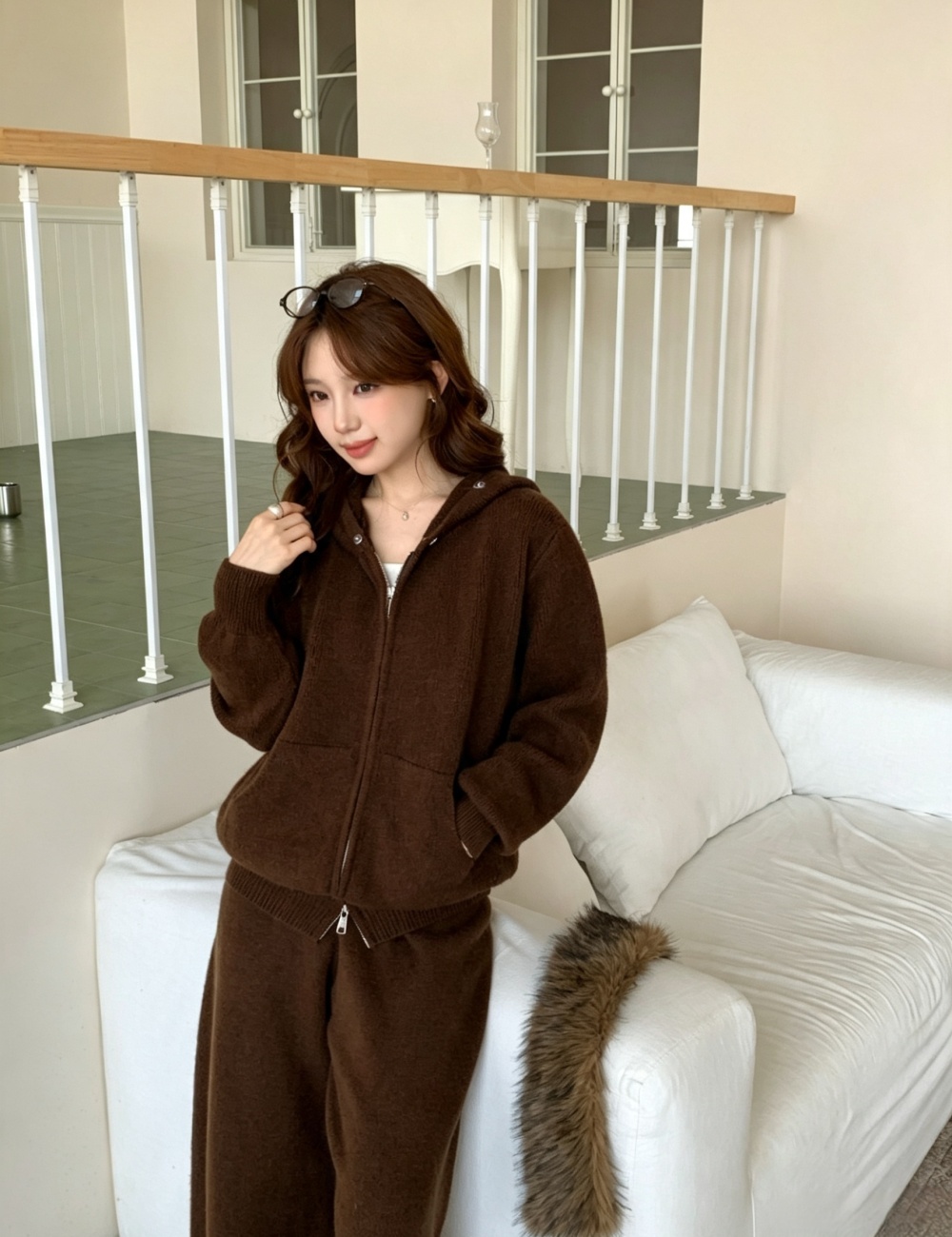 Fashion hooded cardigan Korean style long pants a set