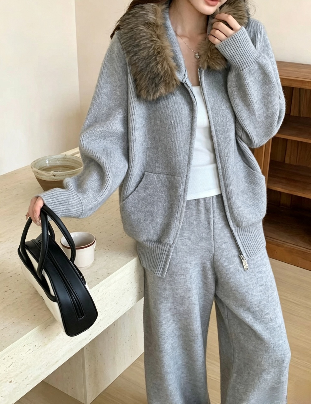 Fashion hooded cardigan Korean style long pants a set