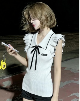 Bow boats sleeve tops lapel white sweater for women