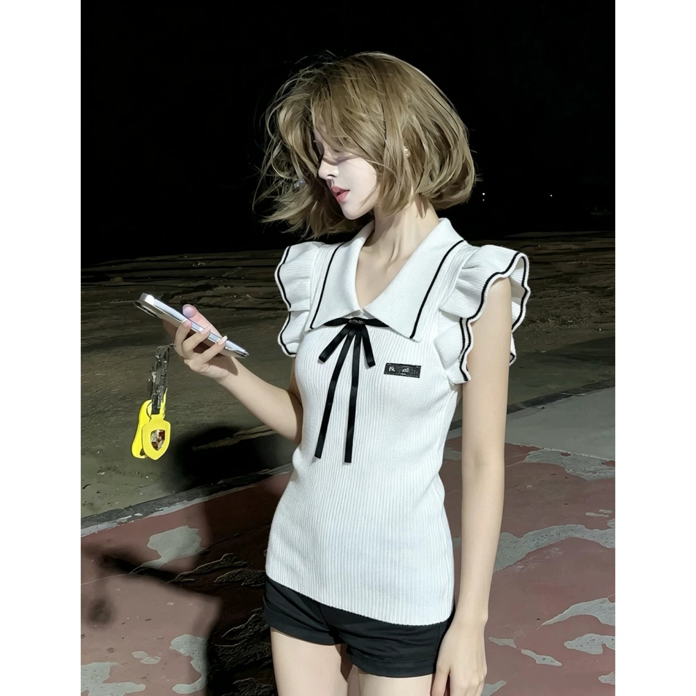 Bow boats sleeve tops lapel white sweater for women