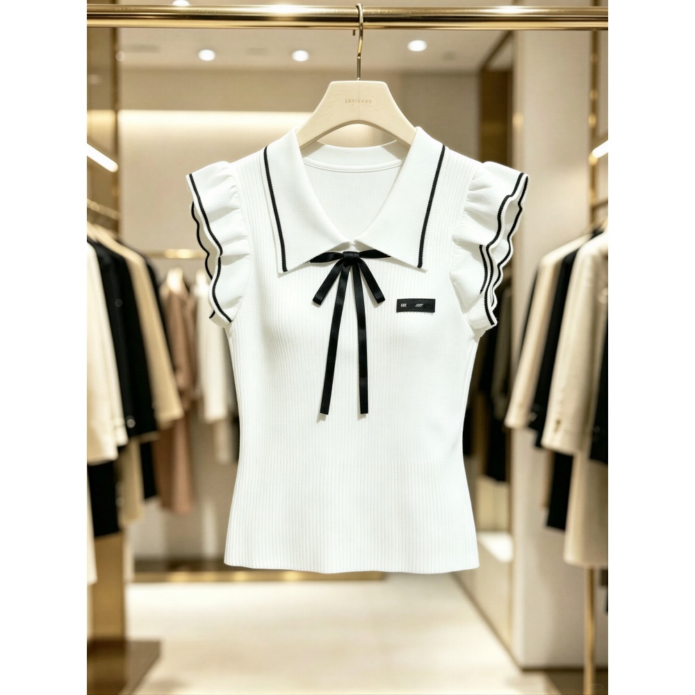 Bow boats sleeve tops lapel white sweater for women