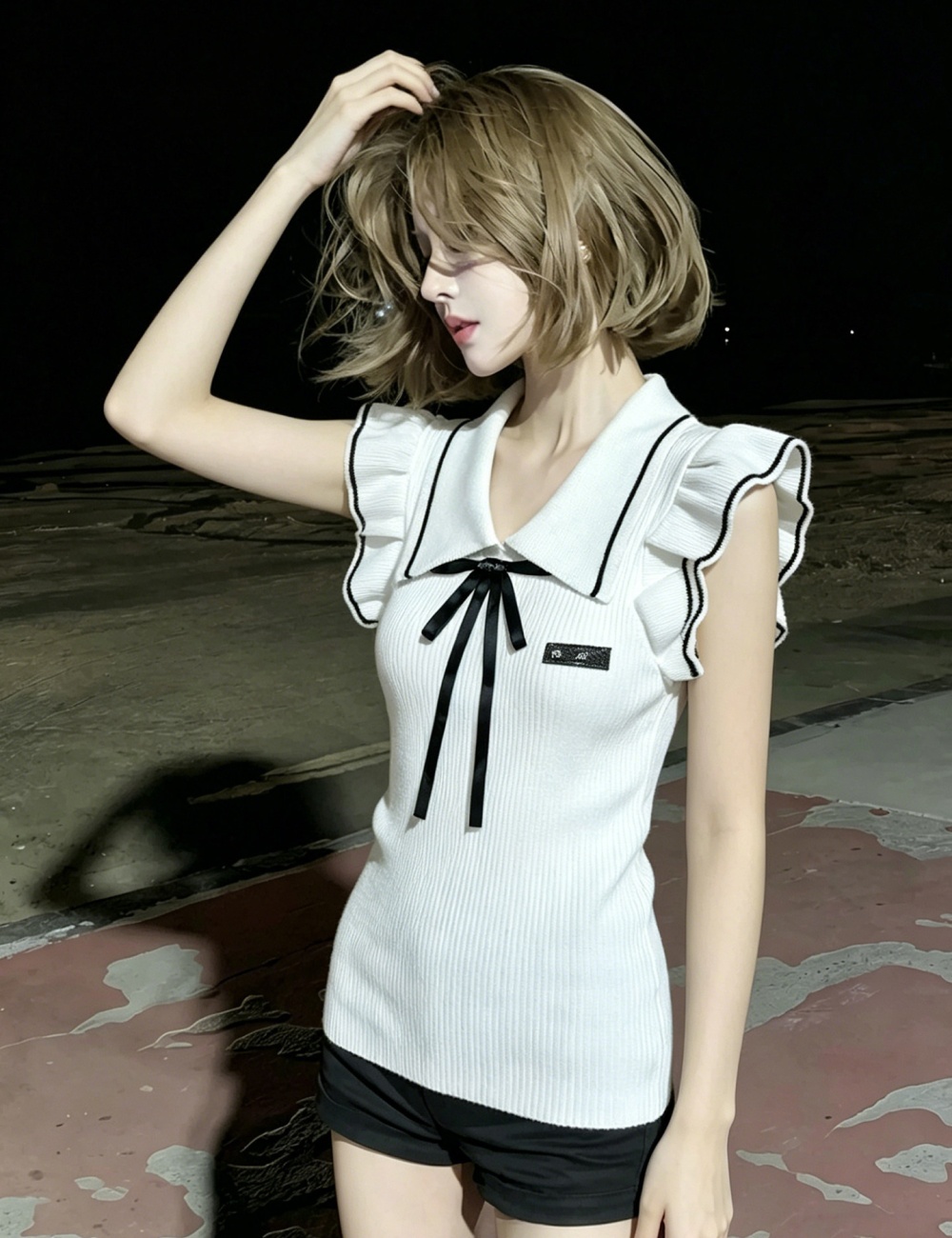 Bow boats sleeve tops lapel white sweater for women