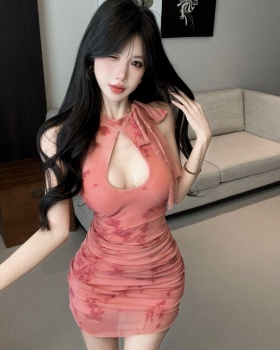 Printing package hip overalls cheongsam short gauze dress