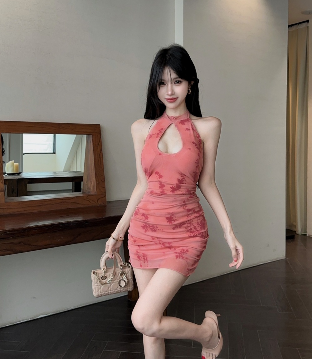 Printing package hip overalls cheongsam short gauze dress