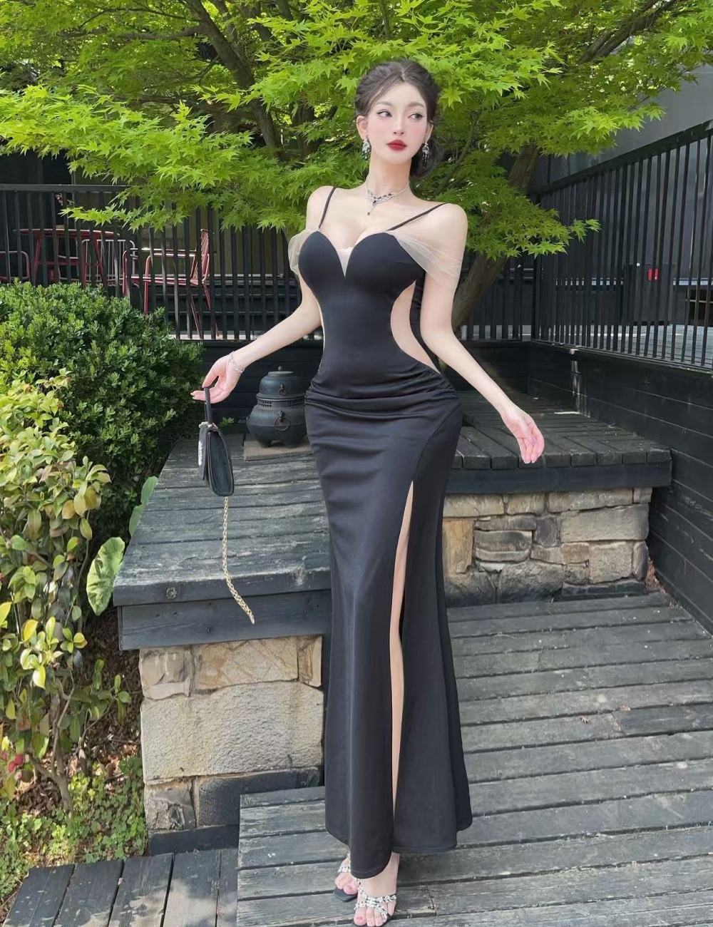Low collar elasticity long dress split formal dress