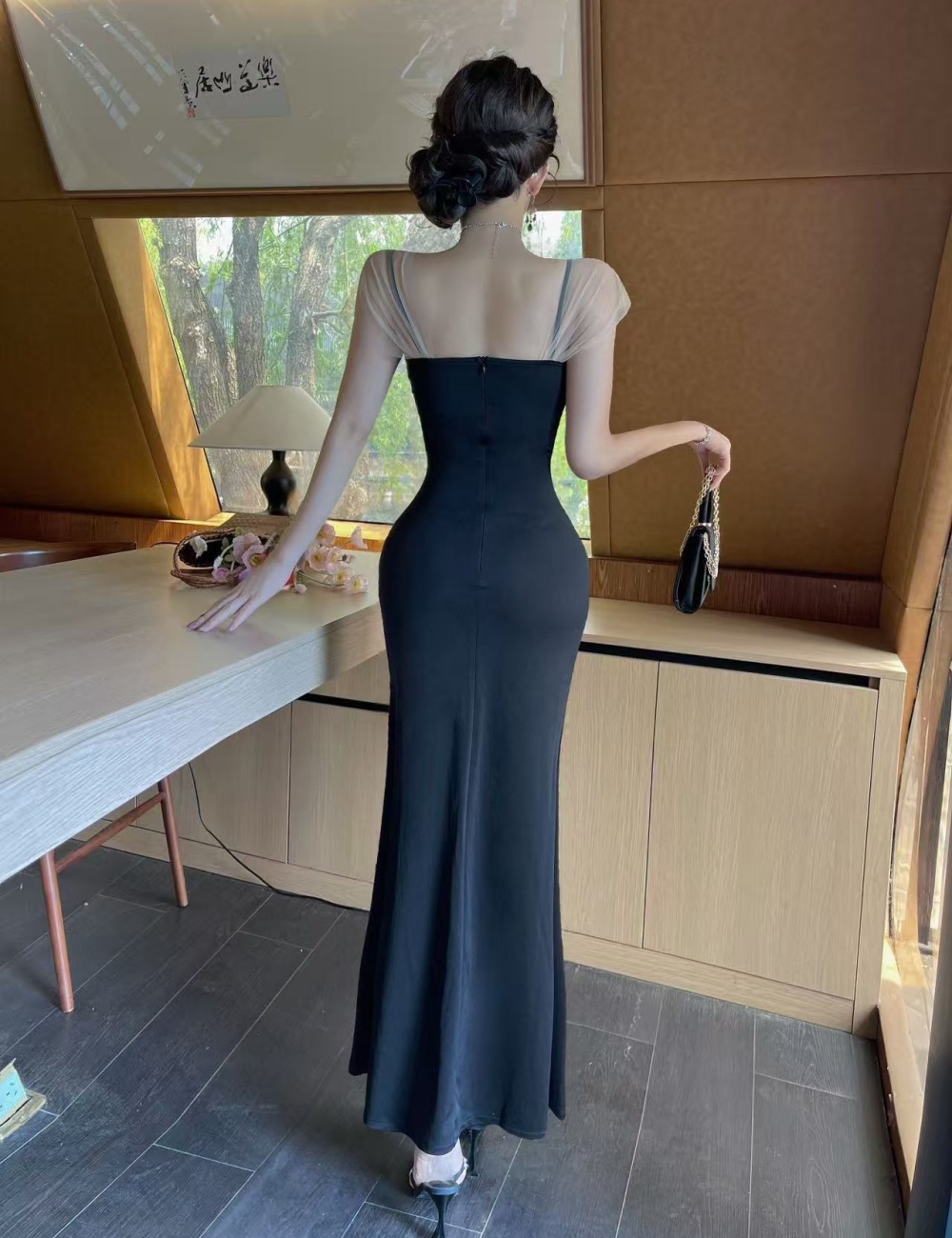 Low collar elasticity long dress split formal dress