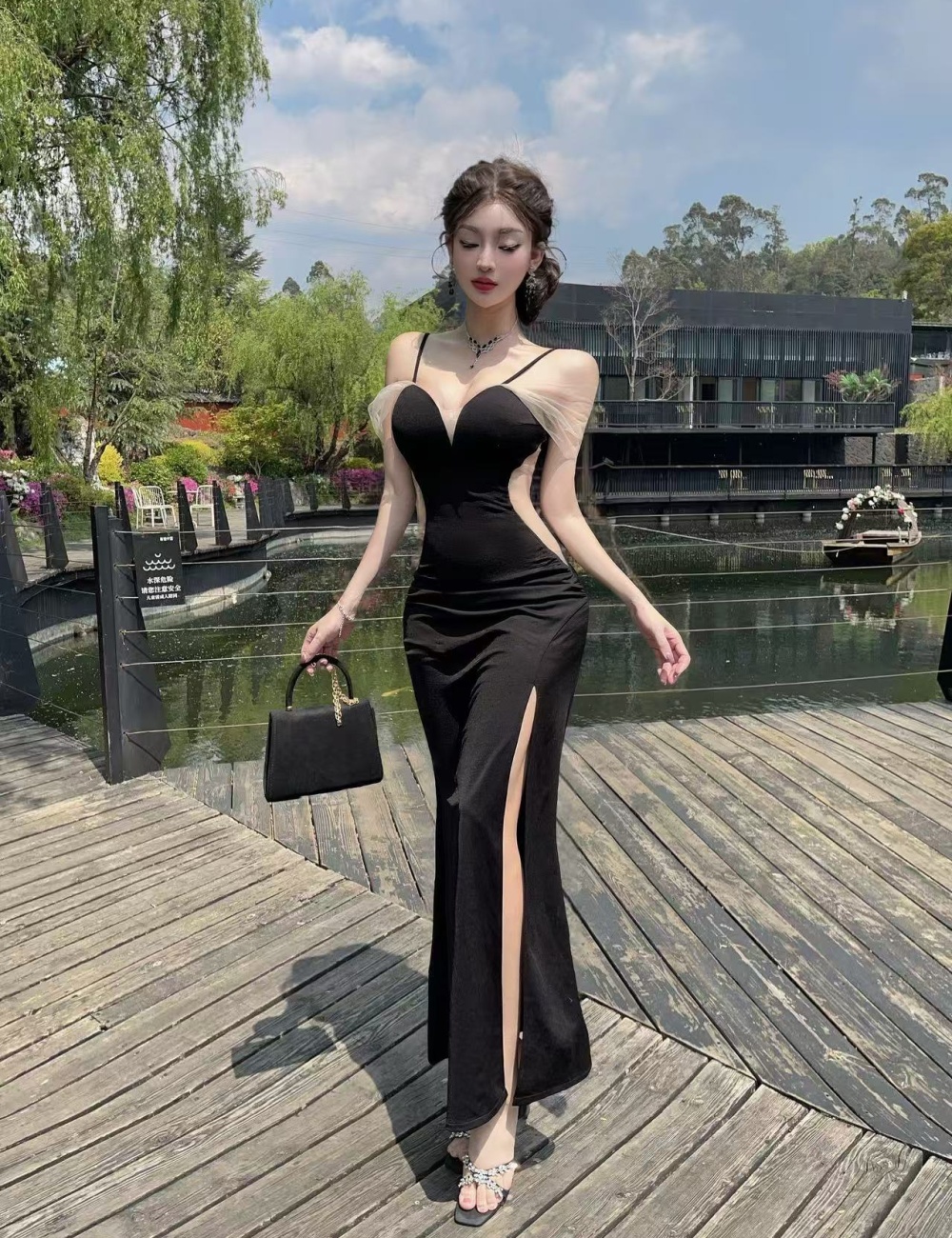 Low collar elasticity long dress split formal dress
