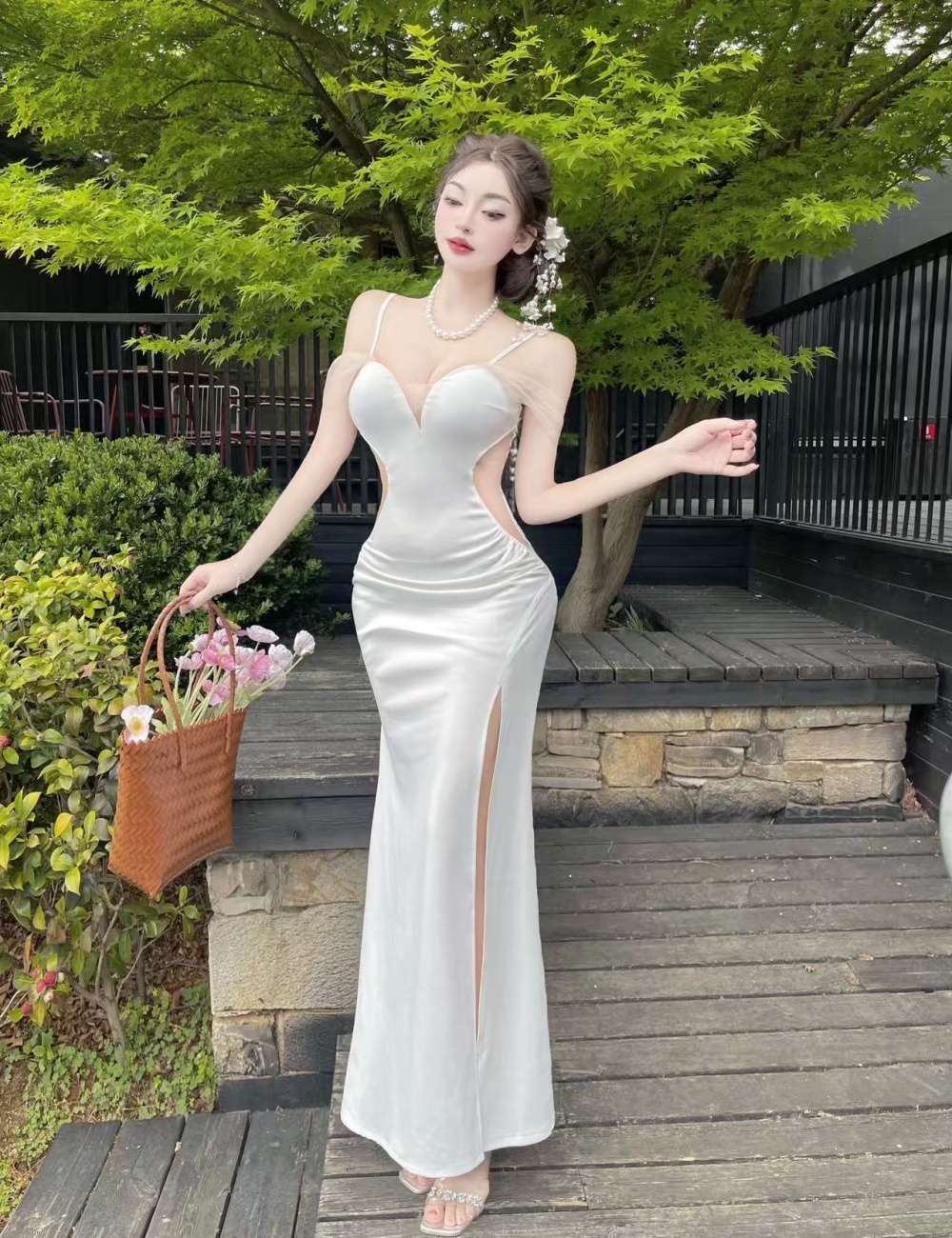 Low collar elasticity long dress split formal dress