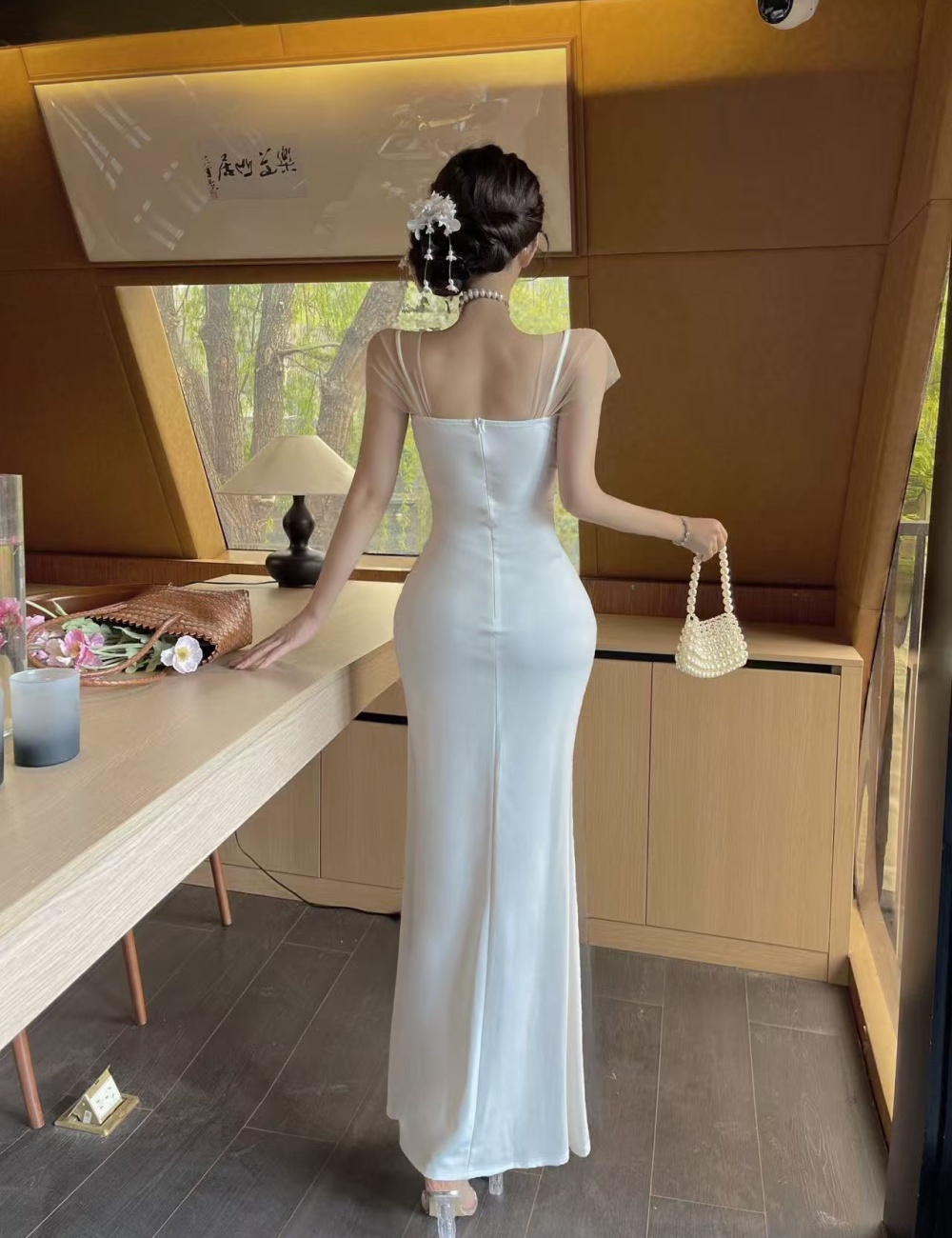 Low collar elasticity long dress split formal dress
