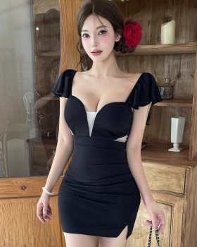 Tight sexy package hip splice gauze low-cut dress