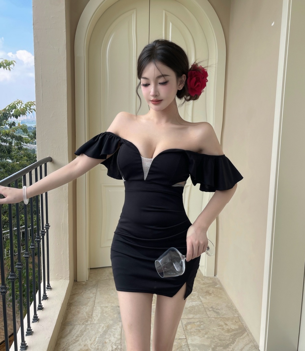 Tight sexy package hip splice gauze low-cut dress