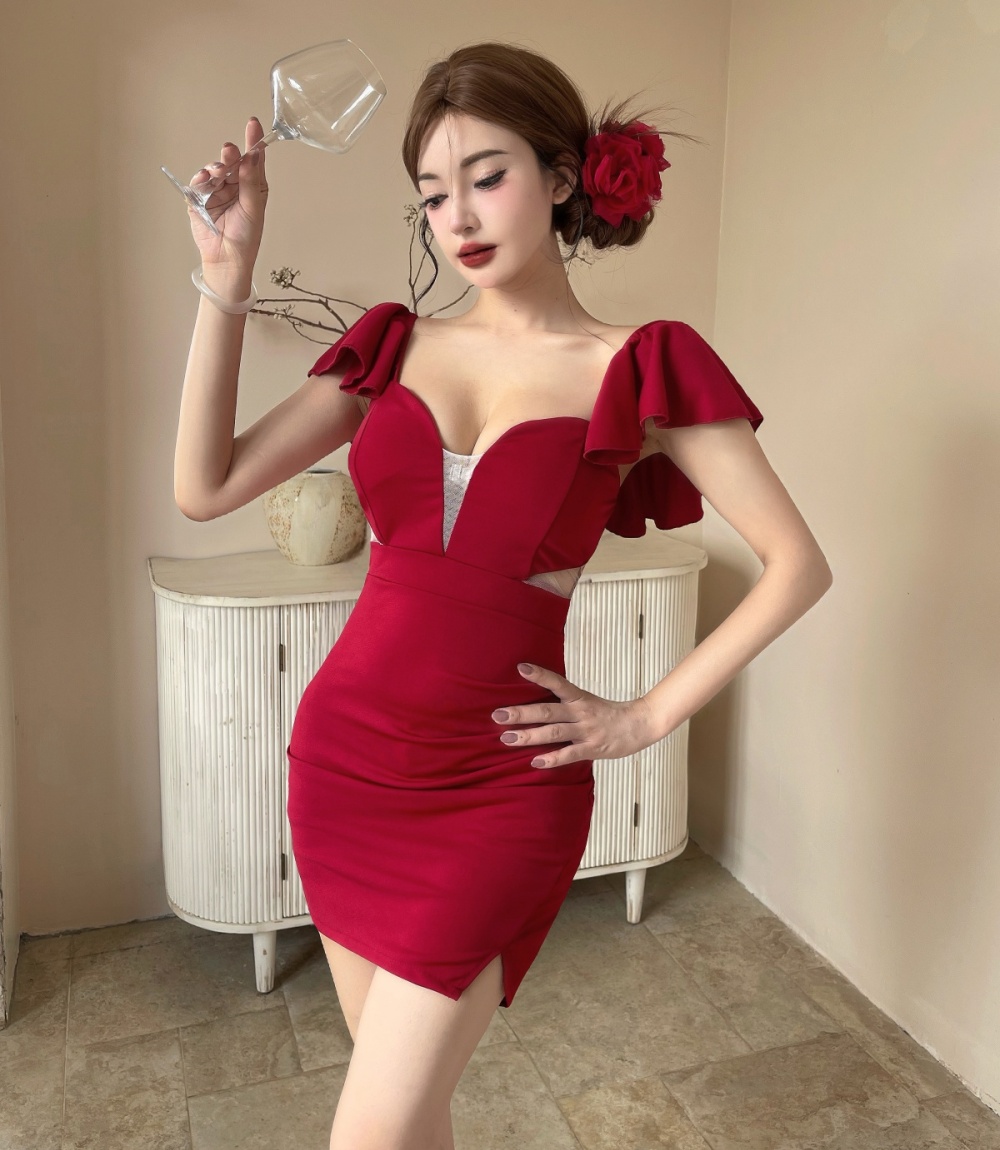 Tight sexy package hip splice gauze low-cut dress