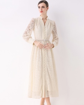 With belt lace dress lantern long dress