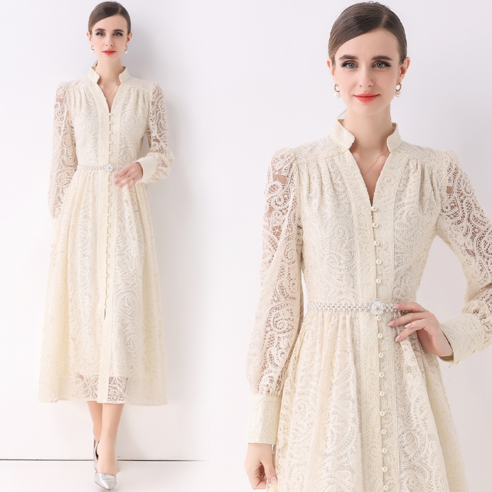 With belt lace dress lantern long dress