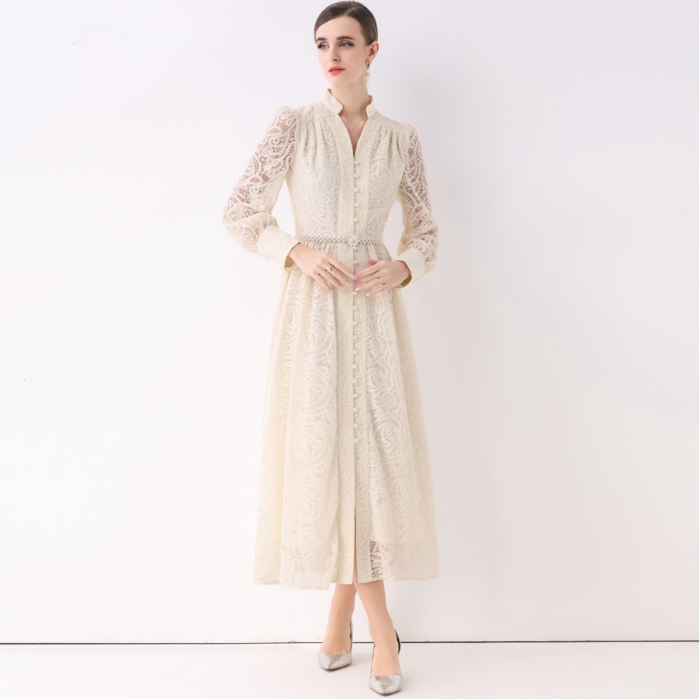 With belt lace dress lantern long dress