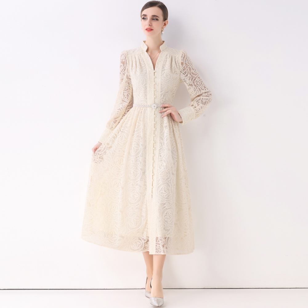 With belt lace dress lantern long dress