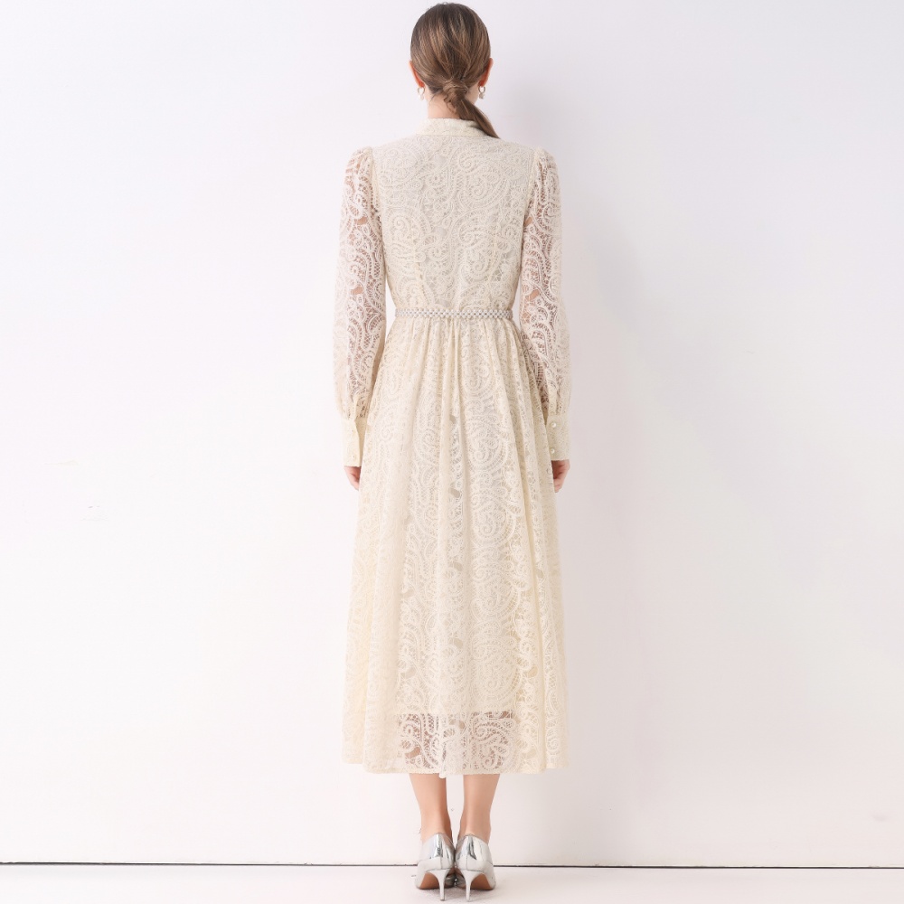 With belt lace dress lantern long dress