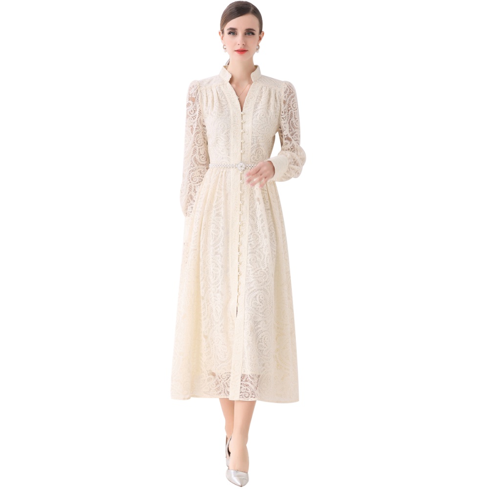 With belt lace dress lantern long dress