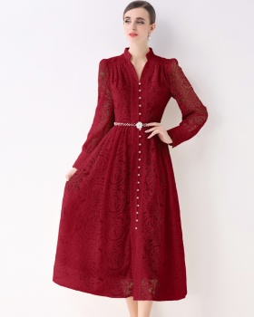 Lace long sleeve long dress lantern embroidery dress