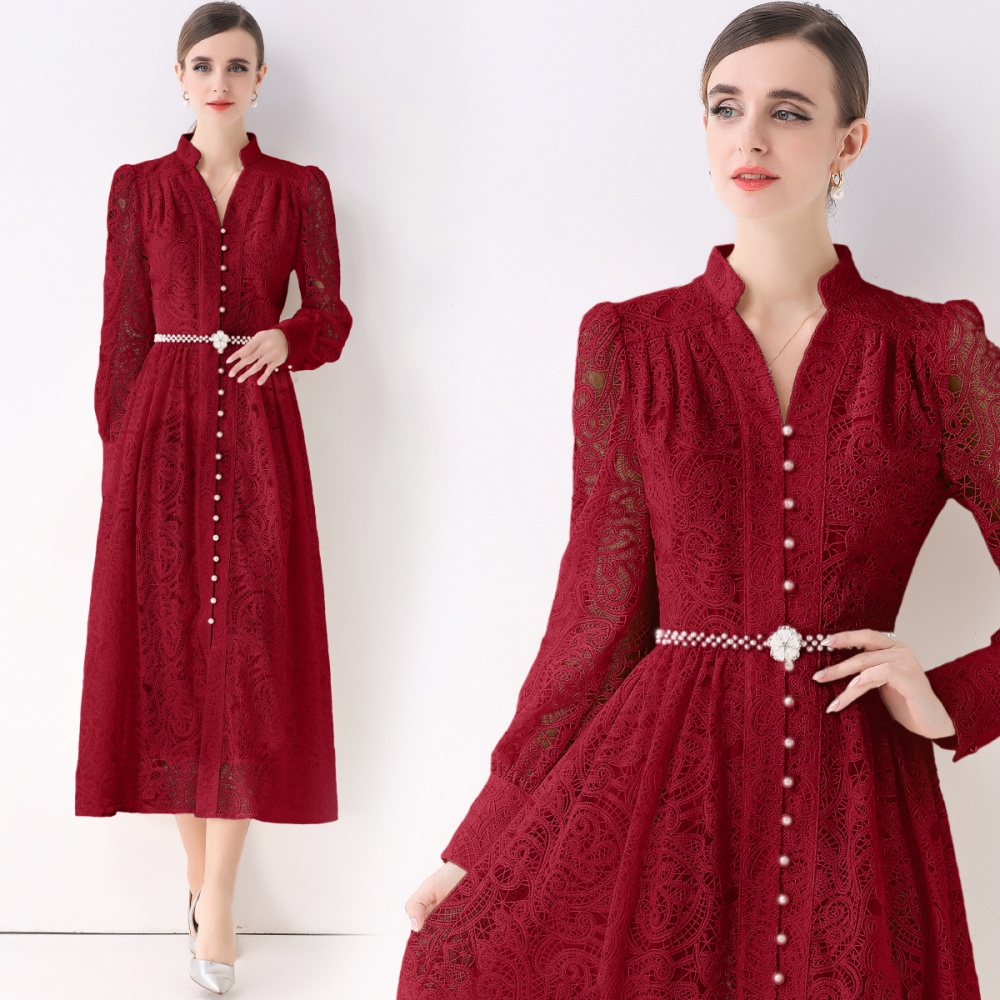 Lace long sleeve long dress lantern embroidery dress