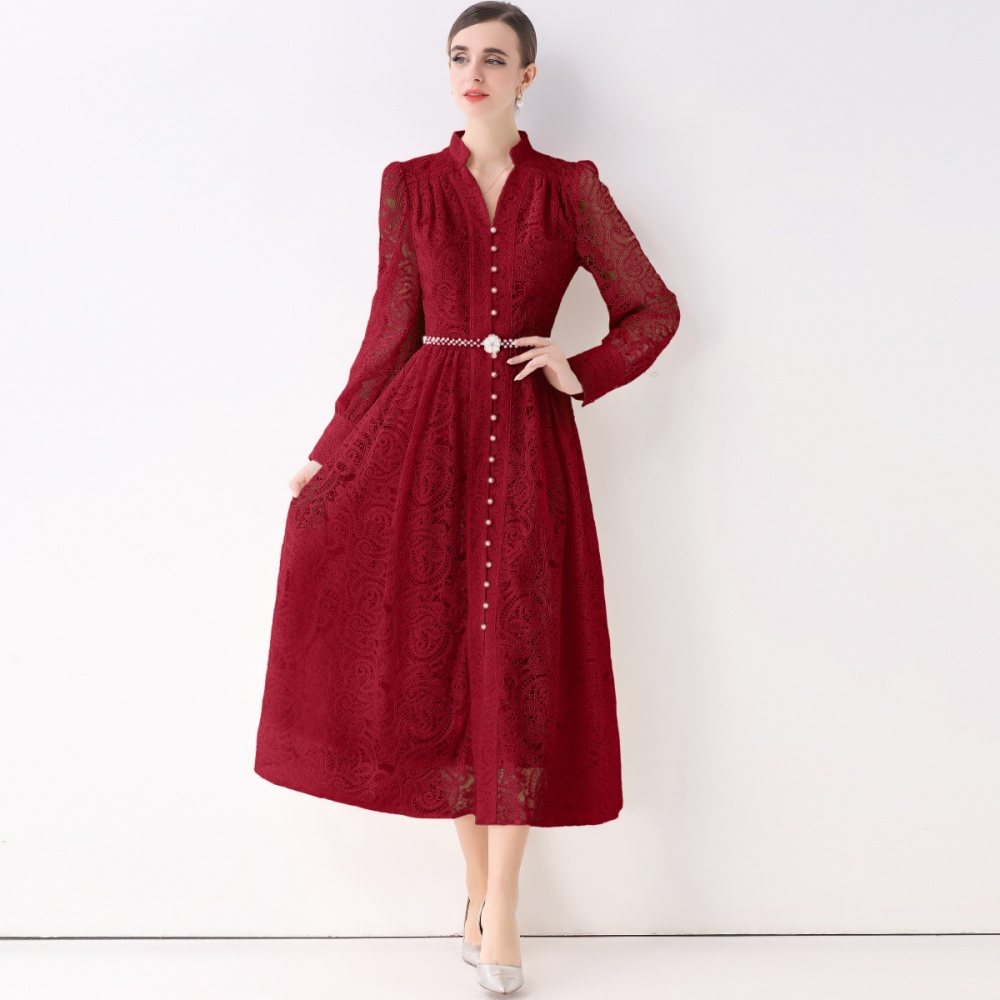 Lace long sleeve long dress lantern embroidery dress