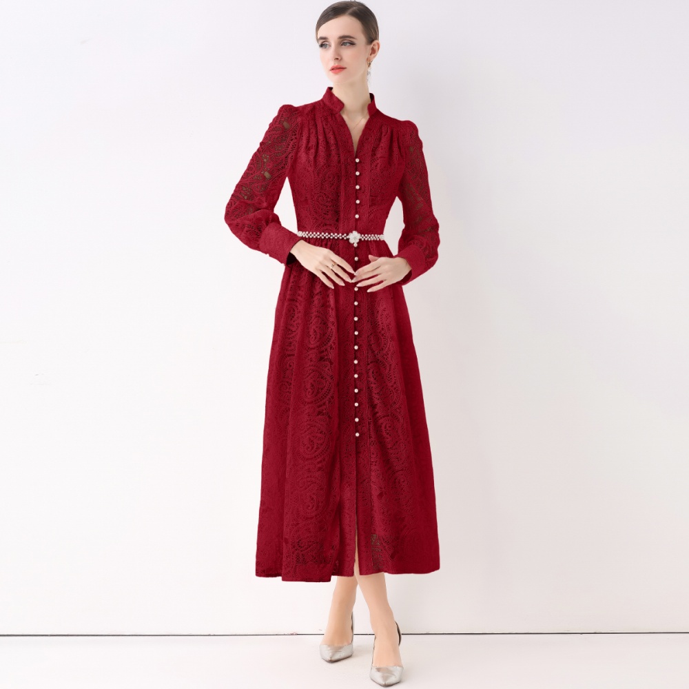 Lace long sleeve long dress lantern embroidery dress