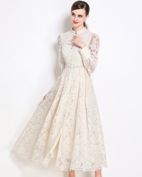 Breasted lantern sleeve dress pinched waist long dress