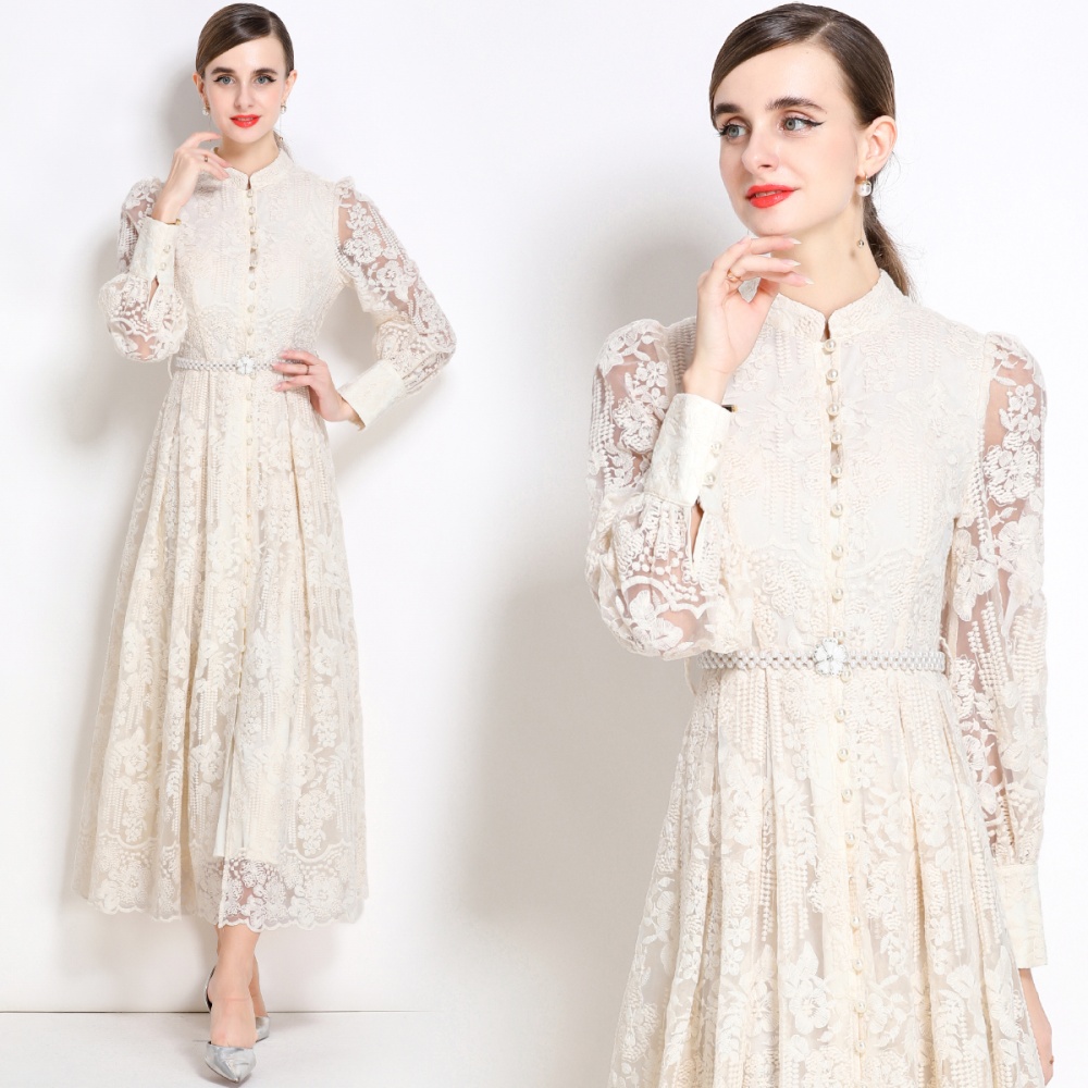 Breasted lantern sleeve dress pinched waist long dress