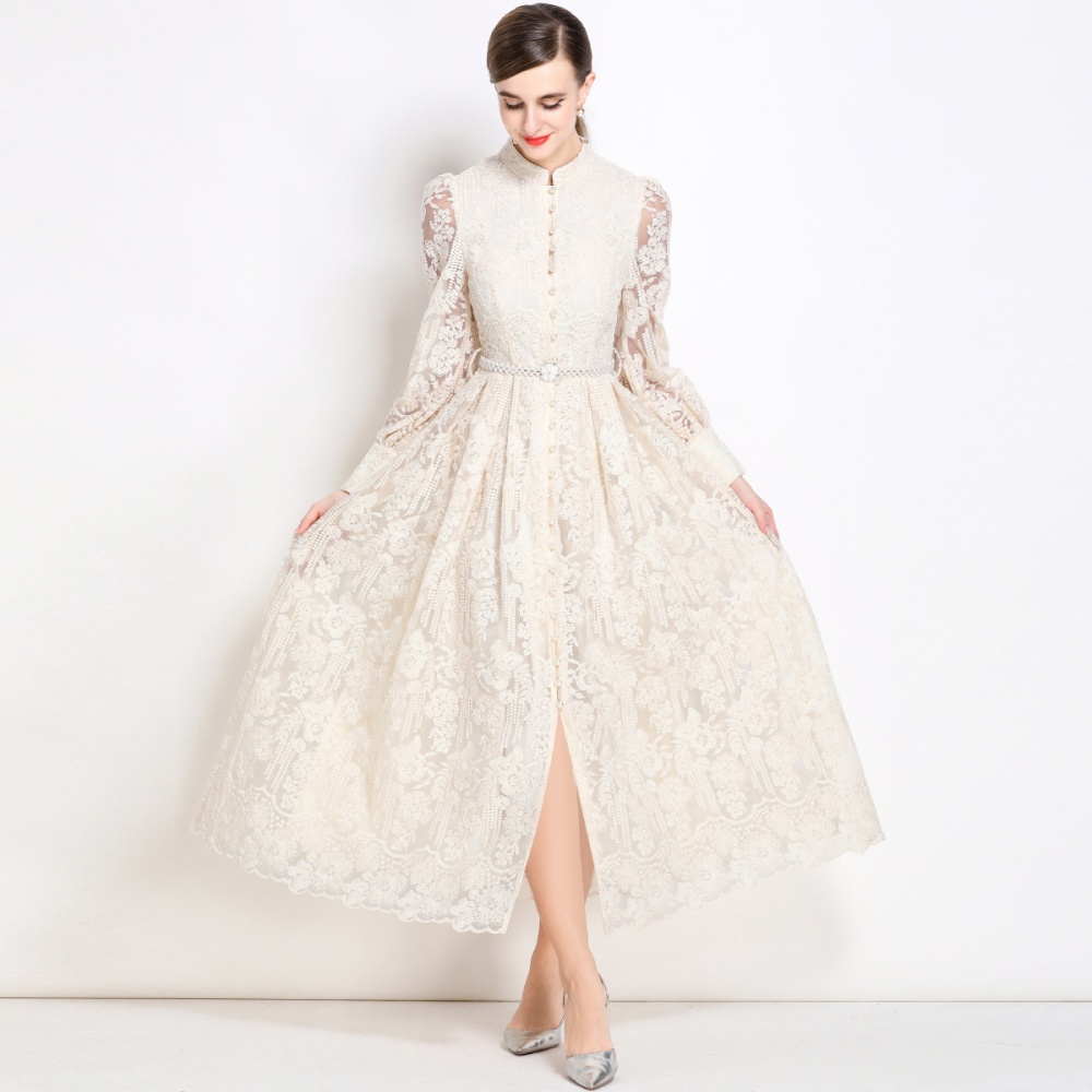 Breasted lantern sleeve dress pinched waist long dress