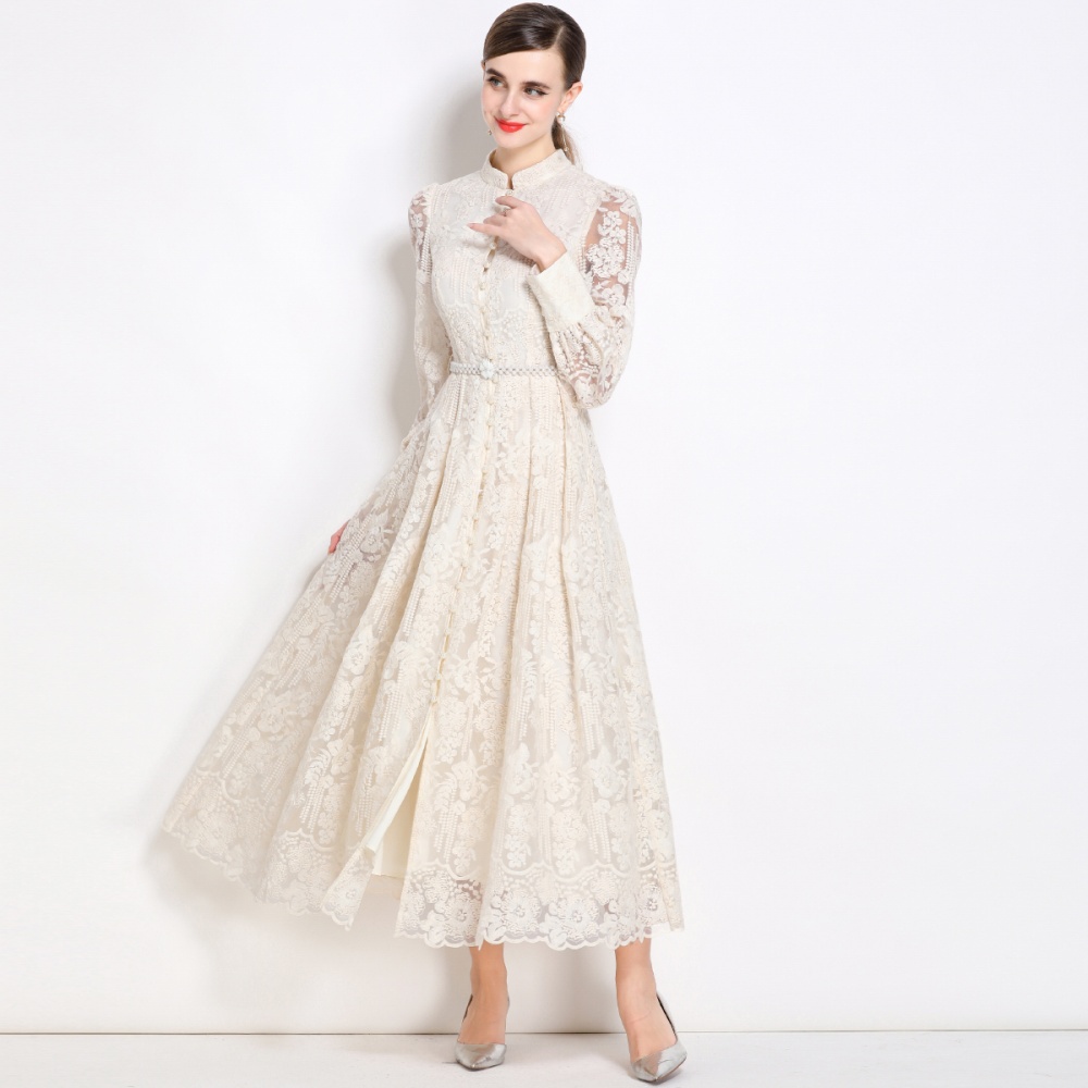 Breasted lantern sleeve dress pinched waist long dress