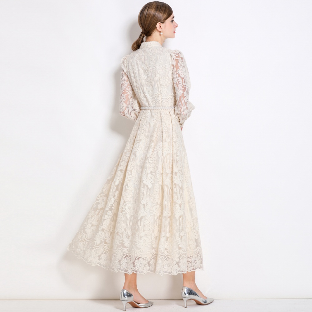 Breasted lantern sleeve dress pinched waist long dress
