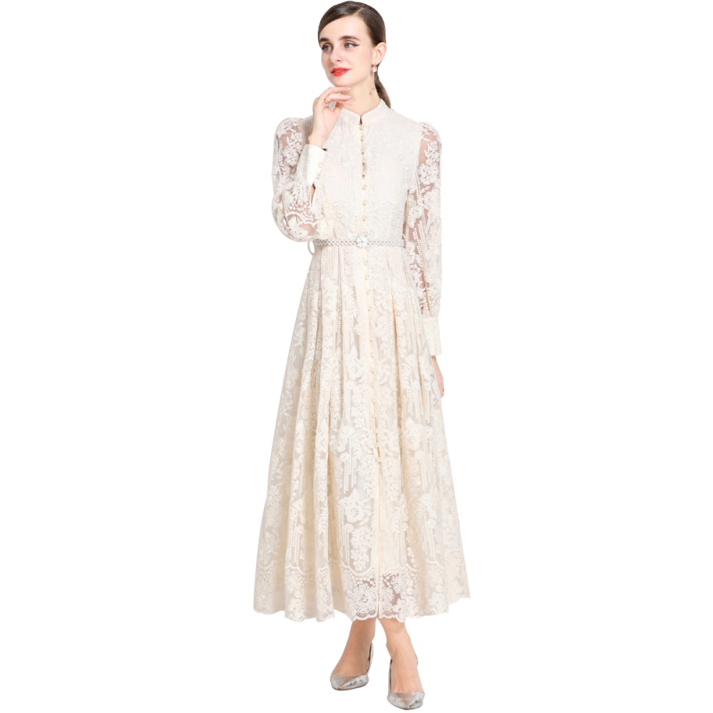 Breasted lantern sleeve dress pinched waist long dress