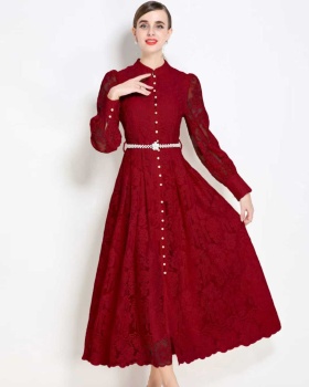 Cstand collar with belt long dress lace pinched waist dress