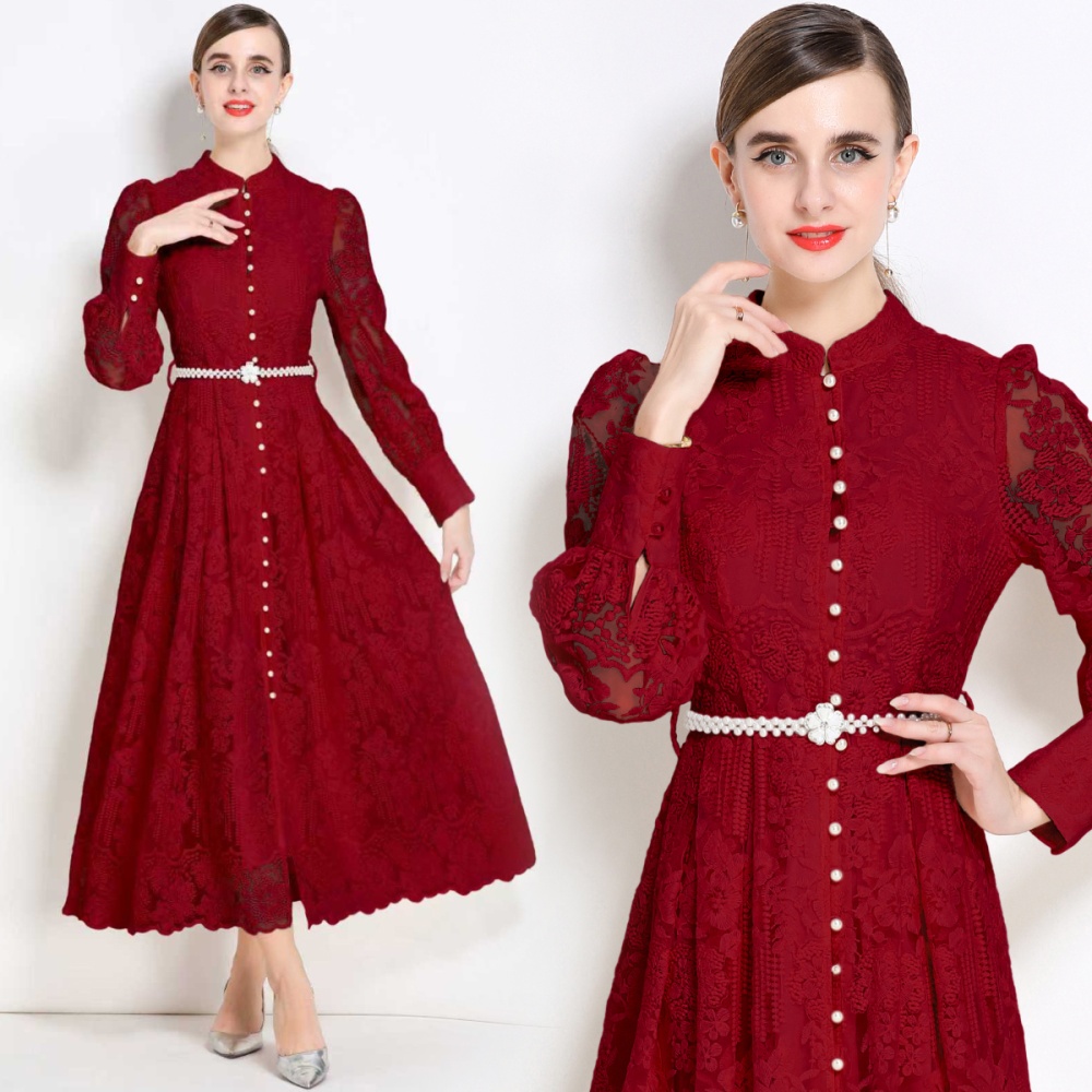 Cstand collar with belt long dress lace pinched waist dress