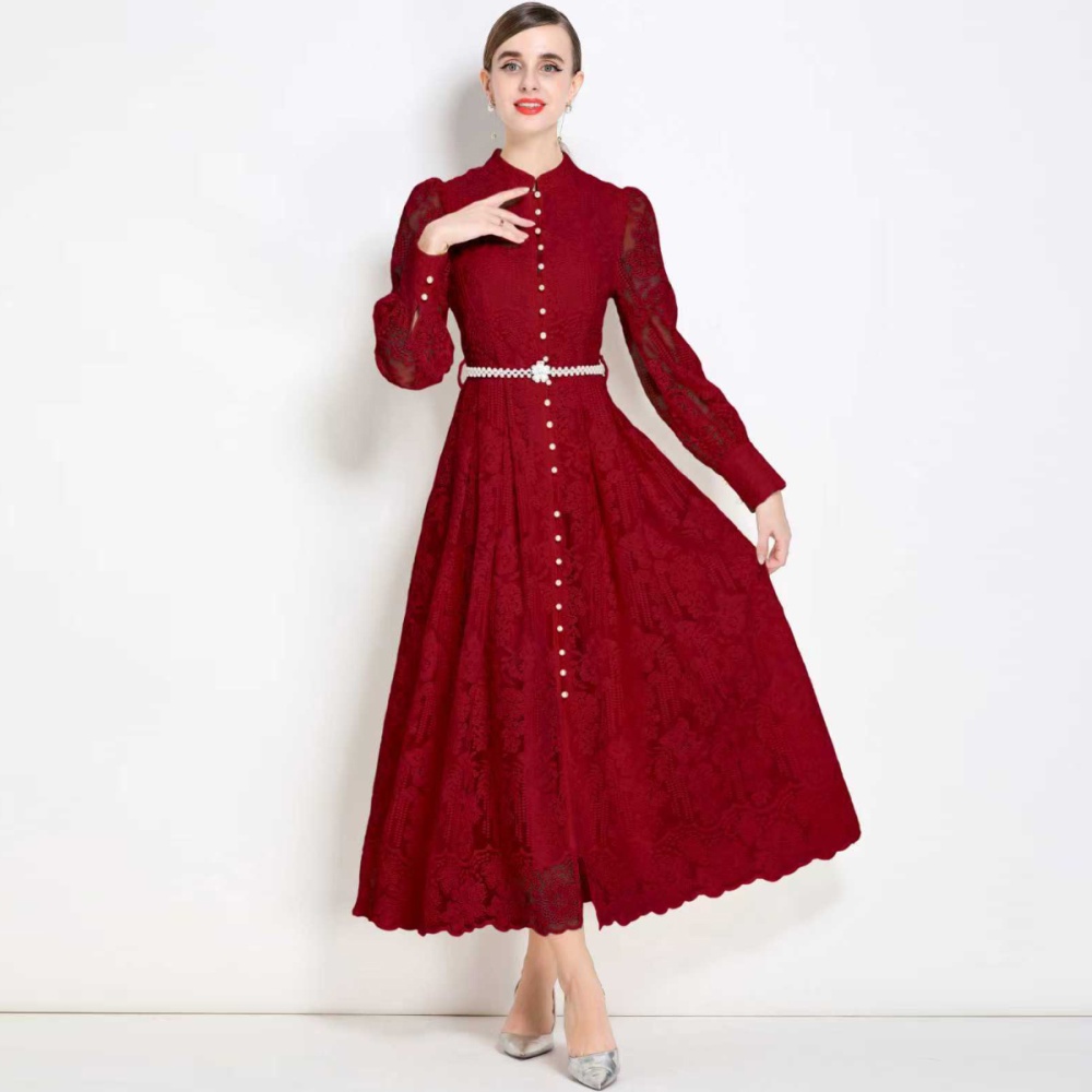 Cstand collar with belt long dress lace pinched waist dress
