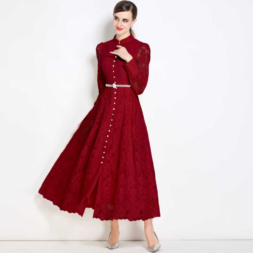 Cstand collar with belt long dress lace pinched waist dress